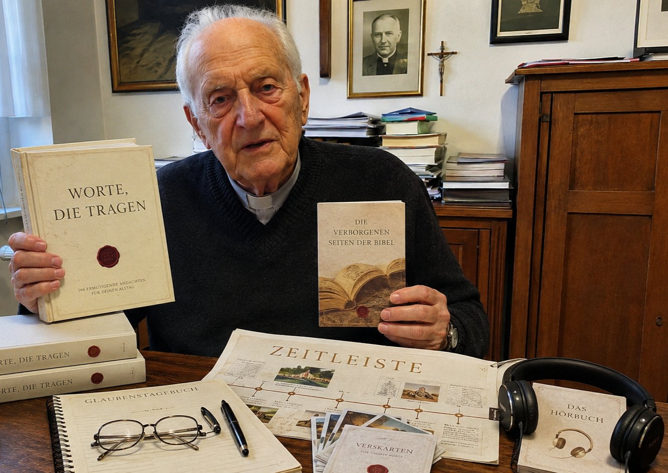Ein Priester präsentiert das Paket Worte, die tragen mit Buch, Tagebuch, Zeitleiste, Karten und Hörbuch.
